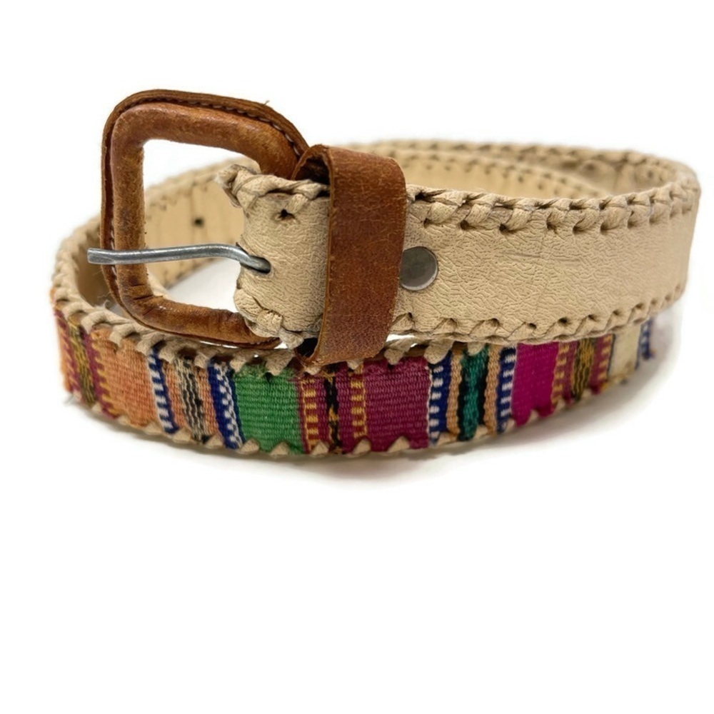 Vintage Handmade Boho‎ Cream Leather and Colorful Woven Fabric Women's Belt
